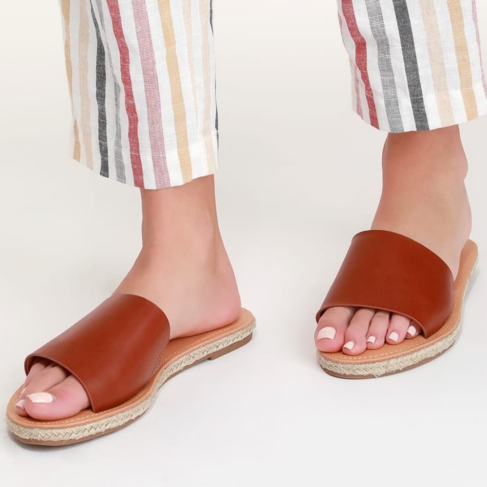 LuLus Marnie Chestnut Brown Vegan Leather Peep-toe Espadrille Slide Sandals SZ 8